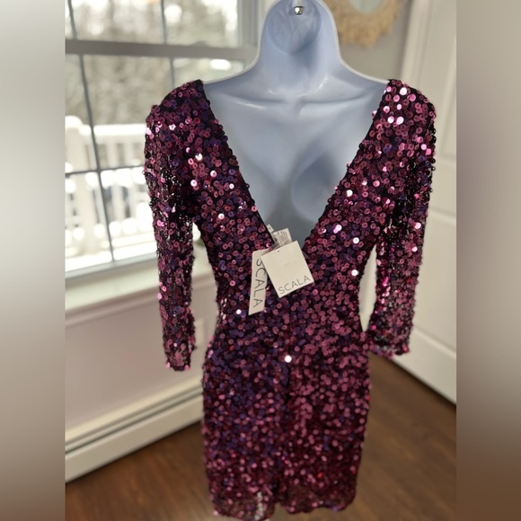 Nwt Scala Plum Pink Sequins Mesh Stretchy Bodycon Dress Size 4 - Picture 13 of 17